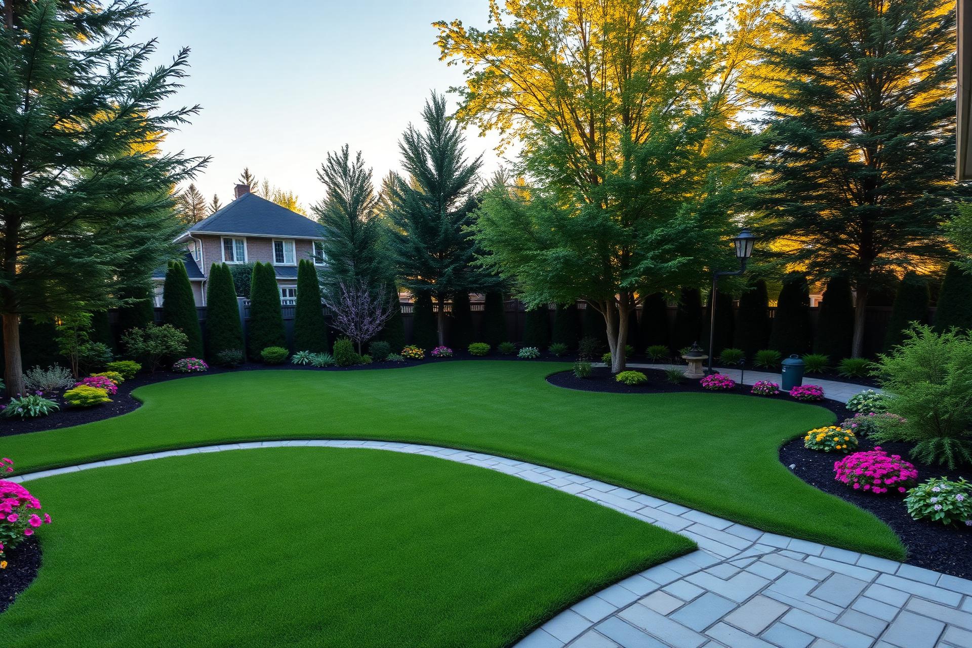 Beautifully landscaped backyard with lush lawn, patio and garden beds